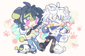 2boys animal_ears animalization black_hair black_pants blue_pants blue_shirt candy chibi collared_shirt commentary_request dog_boy dog_ears dog_tail donut food green_hair hashtag-only_commentary highres holding holding_candy holding_food inami_rai male_focus multiple_boys murakumo_kagetsu nijisanji one_eye_closed pants pink_eyes purple_eyes shirt short_hair shuxingbuming_moxiaobai simple_background sweater_vest tail torn_clothes torn_pants vest virtual_youtuber white_background white_hair white_shirt white_vest yellow_vest