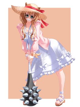 1girl absurdres animal_ears aviator_sunglasses ayunda_risu ayunda_risu_(holonatsu_paradise) bead_bracelet beads bracelet breasts brown_hair brown_sandals club club_(weapon) commentary commission contrapposto dress ears_through_headwear english_commentary fake_facial_hair fake_mustache flower_bracelet frilled_dress frills full_body green_eyes hat highres hololive hololive_indonesia ikhuro jacket jewelry kanabou leaning_forward leaning_on_weapon long_hair looking_at_viewer looking_to_the_side medium_breasts medium_dress no_tail official_alternate_costume open_clothes open_jacket orange_background pink_jacket ribbon sandals second-party_source short_hair_with_long_locks solo spiked_club squirrel_ears straw_hat sun_hat sundress sunglasses virtual_youtuber weapon white_dress white_streaks wrist_ribbon yellow_ribbon