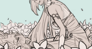 Rule 34 | 2girls, animal ears, arm warmers, armlet, bandaid, bandaid on face, bandaid on nose, bare shoulders, blue background, breasts, closed mouth, commentary request, cowboy shot, dress, expressionless, fang, field, flower, flower field, greyscale with colored background, happy, highres, hishi amazon (azure amazon) (umamusume), hishi amazon (umamusume), horse ears, horse girl, horse tail, hwipa (param blue), jewelry, korean commentary, leaning forward, light frown, lily (flower), long hair, looking at another, lying, messy hair, multiple girls, narita brian (umamusume), official alternate costume, on back, open mouth, petals, pointy nose, portrait, short dress, sideboob, simple background, sitting, sleeveless, sleeveless dress, smile, solo focus, tail, umamusume, very long hair, yuri