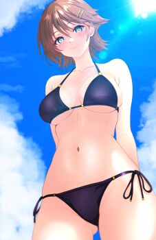 1girl absurdres arms_behind_back bikini black_bikini blue_sky brown_hair cloud commentary_request flipped_hair from_below hiei_(kancolle) highres kantai_collection lowleg lowleg_bikini nitamako_(sakamalh) purple_eyes short_hair side-tie_bikini_bottom sky solo swimsuit