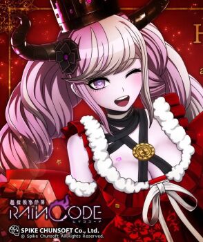 1girl ? breast_tattoo breasts cleavage crown female_focus gift horns large_breasts long_hair looking_at_viewer master_detective_archives:_rain_code matching_hair/eyes official_art one_eye_closed pink_eyes pink_hair shinigami_(rain_code) solo tattoo upper_body wink