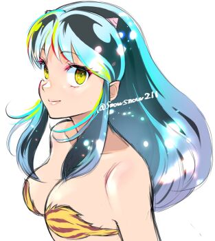 1girl bikini blue_hair breasts cleavage collarbone cone_horns from_side gradient_hair highres horns long_hair lum multicolored_hair pointy_ears print_bikini sidelocks simple_background snow_(snowsnow211) solo swimsuit upper_body urusei_yatsura white_background yellow_eyes