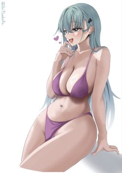 1girl aqua_eyes aqua_hair bikini blush breasts collarbone dr.plankton hair_between_eyes hair_ornament hairclip hashtag-only_commentary highleg highleg_bikini highres kantai_collection large_breasts long_hair looking_at_viewer navel open_mouth purple_bikini sitting smile solo suzuya_(kancolle) swimsuit white_background