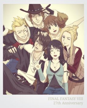 Rule 34 | 3boys, 3girls, adjusting clothes, adjusting headwear, anniversary, arm up, bare shoulders, bike shorts, bike shorts under skirt, black gloves, black hair, black jacket, black pants, black ribbon, black shirt, black shorts, blonde hair, blue cardigan, blue eyes, blue shorts, blue sky, blue sleeves, border, breasts, brown coat, brown hair, brown hat, cardigan, cleavage, closed eyes, closed mouth, coat, commentary request, copyright name, cowboy hat, cropped jacket, detached sleeves, final fantasy, final fantasy viii, fingerless gloves, fur-trimmed jacket, fur trim, furrowed brow, gloves, green eyes, grey border, hair between eyes, hand on another's head, hands on another's shoulder, hat, highres, irvine kinneas, jacket, jewelry, long hair, medium breasts, midriff peek, multiple boys, multiple girls, necklace, one eye closed, open mouth, outstretched arm, overalls, panda xtnm, pants, parted bangs, pink skirt, pink vest, polaroid photo, quistis trepe, red sleeves, ribbed cardigan, ribbed skirt, ribbed sleeves, ribbed vest, ribbon, ring, ring necklace, rinoa heartilly, scar, scar on face, scar on forehead, selphie tilmitt, shirt, short hair, shorts, silver necklace, skirt, sky, sleeveless, sleeveless shirt, smile, spiked hair, squall leonhart, updo, upper body, vest, waving, wavy hair, white shirt, yellow background, yellow overalls, zell dincht