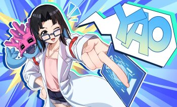 Rule 34 | 10 09hwan, 1girl, black eyes, black hair, blue background, blue hair, blue shorts, card, character name, coat, collarbone, commentary, cowboy shot, denim, denim shorts, digimon, digimon (creature), digimon card game, digimon liberator, fangs, flat chest, glasses, hashtag-only commentary, highres, holding, holding card, lab coat, mole, mole under eye, multicolored hair, one eye closed, open clothes, open coat, pink shirt, sangomon, shirt, short shorts, shorts, speech bubble, symbol-only commentary, trading card, two-tone hair, white coat, yao qinglan