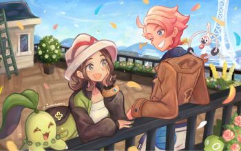 1boy 1girl against_railing brown_hair chikorita constarlations flower gen_2_pokemon gen_6_pokemon green_eyes green_jacket harmony_(pokemon) hat highres jacket klefki legendary_pokemon nintendo pokemon pokemon_legends:_z-a railing rooftop urbain_(pokemon) zygarde zygarde_cell zygarde_core