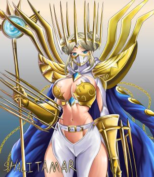 1girl armor artist_name belt blonde_hair blue_coat blue_eyes blue_gem boobplate braid braided_bun breastplate breasts chain cleavage clothing_cutout coat coat_on_shoulders commentary cowboy_shot crown digimon digimon_(creature) double_bun earrings gauntlets gem gold_armor gold_chain gold_crown groin hair_bun highres holding holding_staff hooded_shrug jewelry junomon large_breasts looking_at_viewer mask mouth_mask navel ninja_mask pants parted_bangs shalitamar shoulder_armor shrug_(clothing) sidelocks simple_background solo staff standing stomach thigh_cutout white_belt white_mask white_pants white_shrug
