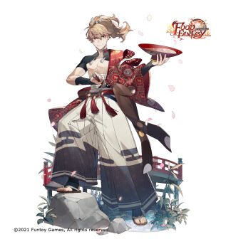 1boy alcohol alternate_costume asa_no_ha_(pattern) bare_pectorals bell black_arm_warmers black_hakama bridge brown_hair brown_sash captain_morgan_pose copyright_logo copyright_notice cup falling_petals food_fantasy full_body grass gyudon_(food_fantasy) hadanugi_dousa hair_ribbon hakama hakama_pants high_ponytail highres holding holding_cup japanese_clothes jingle_bell kikkoumon kimono logo long_sleeves male_focus midriff_sarashi mole mole_under_eye nagatekkou neck_tassel ninjatou no_nipples official_art open_kimono pants patterned_clothing pectorals petals plant ponytail print_hakama red_eyes red_kimono rezia ribbon rock sakazuki sake sandals sarashi sheath short_sleeves short_sword simple_background smile solo standing standing_on_liquid stepping stirrup_legwear sword tassel toeless_legwear toned toned_male two-tone_hakama unsheathing water weapon white_background white_hakama wide_sleeves zouri