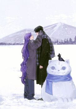 1boy 1girl alternate_hair_length alternate_hairstyle arm_at_side artist_name baggy_pants bird black_coat black_eyes black_hair black_pants blue_scarf cat closed_mouth coat commentary crow derpy_(kpop_demon_hunters) ear_piercing eye_contact film_grain from_side full_body gloves grey_coat grey_gloves grey_pants grey_scarf hands_on_another's_cheeks hands_on_another's_face height_difference hetero highres jinu_(kpop_demon_hunters) kpop_demon_hunters long_hair looking_at_another looking_at_viewer mountain open_mouth outdoors pants piercing plaid_clothes plaid_scarf purple_hair rumi_(kpop_demon_hunters) scarf smile snow snowing snowman spoken_blush standing sussie_(kpop_demon_hunters) symbol-only_commentary teeth tenartistt very_long_hair wide_shot winter winter_clothes