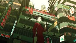 1girl animated arrow_(symbol) black_shorts blue_eyes brown_hair building china_dress chinese_clothes cigarette cityscape clear_sky double_bun dress from_below gaako_illust hair_bun hand_in_pocket holding holding_cigarette neon_lights original red_dress short_shorts shorts shorts_under_skirt sky skyscraper smoking solo video