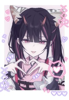 Rule 34 | 1boy, :p, animal ears, black hair, cho kaguya-hime!, commentary request, crossdressing, crossdressing (mtf), heart, heart hands, highres, horns, japanese clothes, kimono, komazawa noi, long hair, multicolored hair, nlh 00, pink eyes, pink hair, pink kimono, solo, streaked hair, tiger ears, tongue, tongue out, trap, twintails