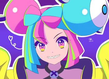 1girl blue_hair bow-shaped_hair commentary_request criss-cross_halter dyxm fake_hair_bun hair_ornament halter_shirt halterneck iono_(pokemon) jacket long_hair long_sleeves looking_at_viewer multicolored_hair nintendo oversized_clothes pink_hair pokemon pokemon_scarlet_and_violet portrait sharp_teeth sleeves_past_fingers sleeves_past_wrists smile solo split-color_hair teeth two-tone_hair yellow_jacket