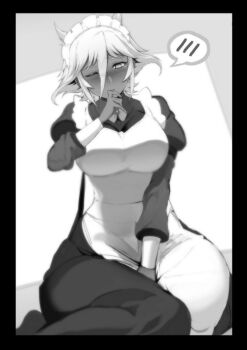 Rule 34 | 1girl, apron, between legs, blush, breasts, hair between eyes, hand between legs, kneeling, large breasts, maid, maid apron, maid headdress, monochrome, novel illustration, official art, ookuma nekosuke, shinmai maou no testament, short hair, speech bubble, wide hips, zest