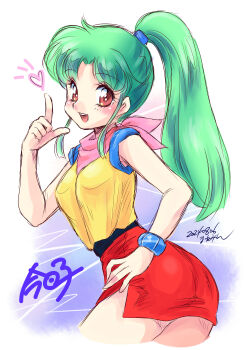 1girl absurdres ass bandana bandana_around_neck belt black_belt bracelet breasts character_name commentary_request cropped_legs dated fubuki_kyouko green_hair hand_on_own_hip hand_up heart high_ponytail highres index_finger_raised jewelry kisaragi_miyuki long_hair medium_breasts miniskirt open_mouth pink_bandana plawres_sanshirou ponytail red_eyes red_skirt shirt shirt_tucked_in side_slit signature skirt sleeveless sleeveless_shirt smile solo tented_shirt twisted_torso upper_body yellow_shirt