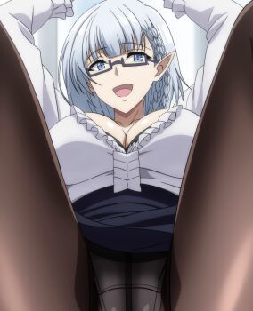 1girl beta_(kage_no_jitsuryokusha_ni_naritakute!) black_bra black_pantyhose black_skirt blue_eyes bra bra_peek braid breasts collarbone crotch_seam from_below glasses kage_no_jitsuryokusha_ni_naritakute! large_breasts long_sleeves makiri_akira mole mole_under_eye paid_reward_available panties panties_under_pantyhose pantyhose pointy_ears rectangular_eyewear semi-rimless_eyewear shirt skirt solo thighs underwear white_panties white_shirt