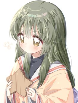 Rule 34 | 1girl, blush, brown eyes, clannad, closed mouth, commentary, dot mouth, green hair, highres, hikarizaka private high school uniform, holding, holding star, ibuki fuuko, jacket, long hair, long sleeves, sailor collar, school uniform, serafuku, simple background, solo, star (symbol), symbol-only commentary, upper body, white background, white sailor collar, yalmyu, yellow jacket