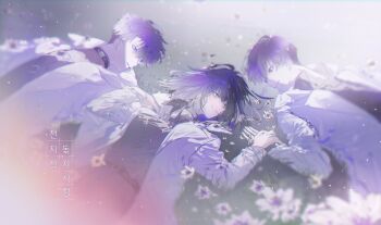 1girl 2boys absurdres belt black_eyes black_hair black_shirt coat collared_shirt copyright_name cowboy_shot flower flower_request grin han_sooyoung highres holding_hands kim_dokja korean_text light_particles looking_at_another lying matching_outfits multiple_boys omniscient_reader&#039;s_viewpoint on_back on_ground open_clothes open_coat popped_collar roellm shirt shirt_tucked_in short_hair smile too_many_flowers white_coat yoo_joonghyuk