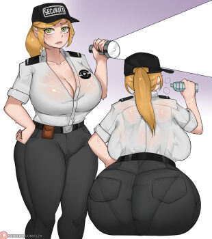 1girl ass backboob blonde_hair blush breasts cleavage clothes dr_octojuice female_focus five_nights_at_freddy's flashlight gradient_background green_eyes hat huge_ass huge_breasts looking_at_viewer looking_back pantylines ponytail security_guard solo vanessa_(fnaf)