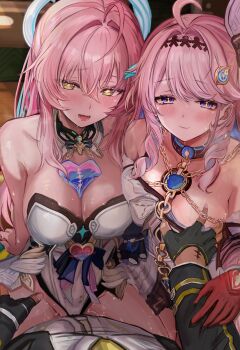 1boy 2girls absurdres aemeath_(wuthering_waves) ahoge black_gloves blush breasts breath chain cleavage closed_mouth clothing_aside commentary_request commission denia_(wuthering_waves) dress efuri_(riarea00) ffm_threesome fingerless_gloves gloves grabbing_another's_breast groping group_sex hair_between_eyes hair_intakes hair_ornament highres leotard leotard_aside long_hair looking_at_viewer male_rover_(perpetual_spark)_(wuthering_waves) male_rover_(wuthering_waves) medium_breasts multiple_girls open_mouth paid_reward_available pink_hair pov purple_eyes red_gloves rover_(wuthering_waves) sex smile tacet_mark_(wuthering_waves) threesome white_dress white_leotard wuthering_waves