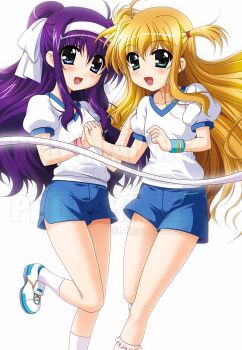 Rule 34 | 2girls, arisa bunnings, blonde hair, blue eyes, blue shorts, blush, commentary request, finish line, green eyes, gym shirt, hachimaki, headband, higa yukari, highres, holding hands, long hair, looking at viewer, lyrical nanoha, mahou shoujo lyrical nanoha, multiple girls, open mouth, ponytail, shirt, short sleeves, shorts, simple background, standing, standing on one leg, tsukimura suzuka, two side up, watermark, white background, white shirt, wristband, yuri