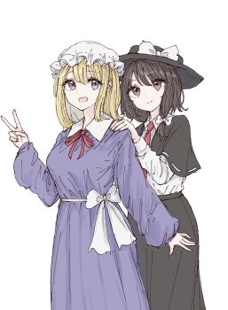 2girls :d black_capelet black_hat black_skirt blonde_hair bow breasts brown_eyes brown_hair capelet closed_mouth collared_dress collared_shirt contrast_collar dress dress_ribbon friends hair_between_eyes hair_bow hand_on_another&#039;s_shoulder happy hat hat_bow highres kashiwada_kiiho long_dress long_skirt long_sleeves looking_at_viewer maribel_hearn medium_hair mob_cap multiple_girls necktie open_mouth puffy_long_sleeves puffy_sleeves purple_dress purple_eyes red_eyes sash shirt shirt_tucked_in short_hair simple_background skirt sleeve_cuffs smile standing touhou usami_renko v white_background white_bow white_hat white_sash white_shirt