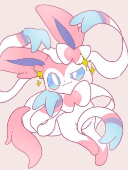 Rule 34 | :3, animal focus, animal hands, blue eyes, bow, bright pupils, closed mouth, commentary request, full body, gen 6 pokemon, grey background, lily saku39, looking at viewer, nintendo, no humans, pink fur, pokemon, pokemon (creature), pokemon focus, ribbon, simple background, solo, sparkle, sylveon, two-tone fur, white fur, white pupils