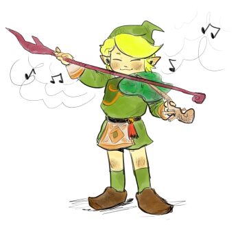 1boy :3 belt black_belt bow_(music) brown_footwear closed_eyes commentary english_commentary fado_(wind_waker) full_body green_hair green_hat green_socks green_tunic hat highres holding holding_instrument holding_violin instrument music musical_note nintendo playing_instrument pointy_ears short_hair simple_background socks solo the_legend_of_zelda the_legend_of_zelda:_the_wind_waker tunic violin white_background yasmeen