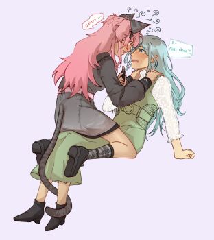 2girls animal_ears black_jacket black_shoes blue_eyes blue_hair blush cat_ears cat_girl cat_tail catnip commentary dress emotsper english_commentary english_text feral_instincts green_dress grey_skirt grey_socks highres hinomori_shizuku jacket kemonomimi_mode long_hair momoi_airi multiple_girls open_mouth pinafore_dress pink_eyes pink_hair project_sekai purple_background shirt shoes simple_background sitting sitting_on_lap sitting_on_person skirt sleeveless sleeveless_dress socks speech_bubble stoned tail two_side_up white_shirt yuri