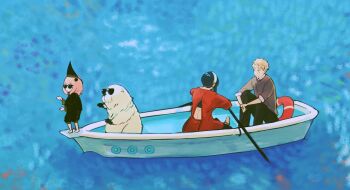 2girls anya_(spy_x_family) backless_outfit black_hair black_pants blonde_hair blush boat bond_(spy_x_family) brown_sweater child dog dress family great_pyrenees hairband hairpods higemu highres holding holding_oar meme multiple_girls oar on_boat outdoors pants pink_hair red_sweater rowboat rowing spy_x_family sunglasses sweat sweater sweater_dress twilight_(spy_x_family) water watercraft white_dog white_hairband yor_briar