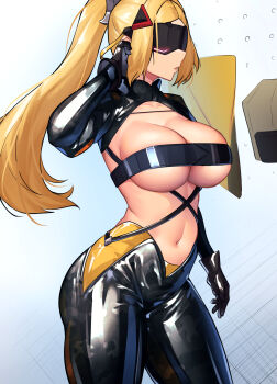 1girl black_bodysuit black_shrug blindfold blindfold_mask blonde_hair bodysuit breasts cleavage covered_eyes cowboy_shot facing_to_the_side gloves high_ponytail highres large_breasts long_hair mask navel nicchi parted_lips ponytail revealing_clothes shrug_(clothing) solo sunglasses trigger_(zenless_zone_zero) underboob white_background zenless_zone_zero