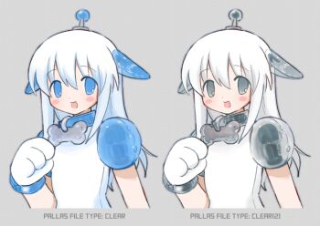 1girl :d alternate_color android animal_collar animal_ears animal_hands blue_collar blue_eyes blush_stickers collar dog_ears dog_girl dog_paws english_text grey_collar lapithai looking_at_viewer multiple_views open_mouth original puffy_sleeves raised_eyebrows shirt smile solo upper_body white_hair white_shirt