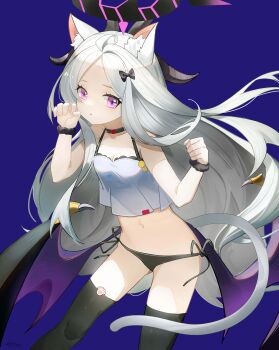 1girl absurdres ahoge black_bow black_halo black_panties black_scrunchie black_thighhighs blue_archive blue_background blush bow breasts cleavage commentary forehead hair_bow halo highres hina_(blue_archive) long_hair looking_at_viewer navel panties parted_bangs paw_pose purple_eyes scrunchie shiqi_tokii side-tie_panties simple_background small_breasts solo standing thighhighs thighs underwear very_long_hair white_hair wrist_scrunchie