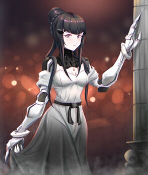 1girl black_hair braid breasts closed_mouth clothes_lift commentary cyborg dated_commentary dress dress_lift english_commentary feet_out_of_frame girls'_frontline grey_eyes hair_bun hair_ornament haonfest highres jewelry lips long_hair looking_at_viewer machine mecha_musume mechanical_arms medium_breasts necklace nyto_(generic)_(girls'_frontline) nyto_(girls'_frontline) nyto_argentus_(girls'_frontline)_(haonfest) original paradeus prosthesis prosthetic_arm prosthetic_leg simple_background skirt_hold solo standing white_dress
