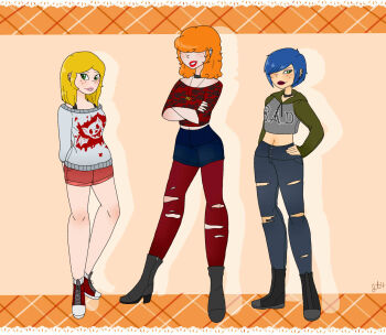 3girls alternate_costume alternate_hairstyle blonde_hair blue_hair cartoon_network covered_eyes crossed_arms ed_edd_n_eddy green_eyes highres lee_kanker lemonsandorchids33 marie_kanker may_kanker multiple_girls orange_hair pants shirt shorts simple_background smile