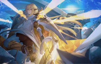 1girl alchemy_stars blonde_hair blue_sky commentary_request foot_out_of_frame hair_between_eyes highres holding holding_polearm holding_weapon irridon_(alchemy_stars) long_hair looking_at_viewer orange_eyes polearm sasa_kurumi shirt sky solo very_long_hair weapon white_shirt