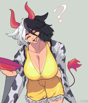 Rule 34 | 1girl, :d, ?, animal print, artist name, black hair, breasts, cleavage, closed eyes, commentary, cow girl, cow print, cow tail, cowboy shot, cup, english commentary, frilled shorts, frills, grey background, haori, highres, holding, holding cup, horns, huge breasts, japanese clothes, mole, mole under mouth, multicolored hair, open mouth, sakazuki, shirt, short hair, shorts, simple background, smile, solo, tail, tan, tanline peek, touhou, two-tone hair, ushizaki urumi, wackapuff, white hair, yellow shirt, yellow shorts
