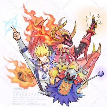 1boy arm_up blonde_hair dark_resonator darkness_resonator duel_monster fire horns izapara jack_atlas jewelry male_focus pendant sharp_teeth short_hair simple_background sparkle teeth the_crimson_king white_background yu-gi-oh! yu-gi-oh!_5d&#039;s