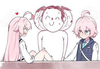 1boy 2girls ahoge blue_archive blue_eyes blue_necktie blush bulletproof_vest closed_eyes closed_mouth collared_shirt commentary_request doodle_sensei_(blue_archive) dual_persona hair_between_eyes halo heterochromia highres hoshino_(blue_archive) hoshino_(first_year)_(blue_archive) hoshino_(young)_(blue_archive) implied_footjob implied_handjob koroko_(manbing_2) long_bangs long_hair long_sleeves looking_at_another looking_to_the_side meme motion_blur multiple_girls necktie open_mouth pink_halo sensei_(blue_archive) shirt short_hair simple_background smile the_weaker_sex_1_(gibson) upper_body v-shaped_eyebrows white_background white_shirt yellow_eyes
