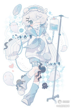 1girl bai_xiong_nailaojuan blue_eyes blue_hairband blue_leg_warmers blue_neckerchief blue_sailor_collar blue_shorts blush_stickers closed_mouth double-parted_bangs frilled_hairband frills full_body hair_between_eyes hairband highres leg_warmers long_sleeves looking_at_viewer multiple_thigh_straps neckerchief original sailor_collar shirt shoes short_hair shorts sleeves_past_fingers sleeves_past_wrists solo standing vertical-striped_sleeves white_hair white_shirt white_shoes