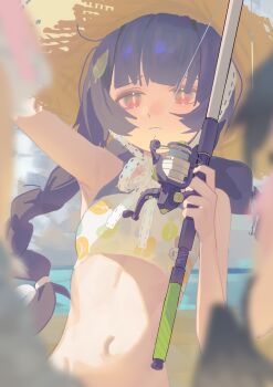 1girl absurdres black_hair blue_archive blurry blurry_foreground braid breasts fishing_rod hat highres holding holding_fishing_rod leaf leaf_on_head long_hair miyu_(blue_archive) miyu_(swimsuit)_(blue_archive) official_alternate_costume outdoors paplife red_eyes small_breasts solo straw_hat swimsuit twin_braids upper_body