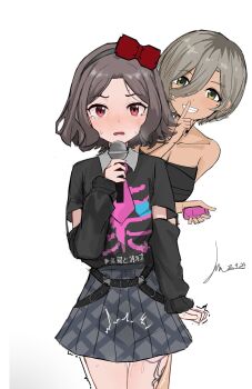 2girls black_hairband black_shirt brown_hair collarbone commentary controller dated detached_sleeves ebizuka_tomo finger_to_mouth girls_band_cry grey_hair grey_skirt hair_between_eyes hairband hashtag-only_commentary highres holding holding_microphone holding_remote_control hongkwi long_hair_between_eyes microphone mole mole_under_eye multicolored_hair multiple_girls pleated_skirt pussy_juice red_eyes remote_control remote_control_vibrator roots_(hair) rupa_(girls_band_cry) sex_toy shirt short_hair shushing signature simple_background skirt tearing_up trembling vibrator white_background yuri