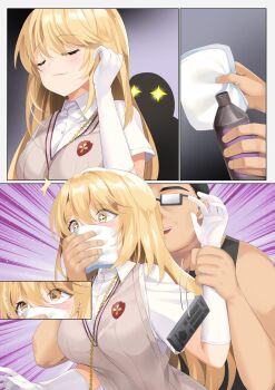 1boy 1girl blonde_hair chloroform closed_eyes controller highres imminent_rape mvv remote_control shokuhou_misaki smile star-shaped_pupils star_(symbol) symbol-shaped_pupils toaru_kagaku_no_mental_out toaru_kagaku_no_railgun toaru_majutsu_no_index