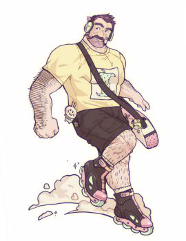 1boy arm_hair bag bandaid bandaid_on_cheek bandaid_on_face black_hair black_shorts cargo_shorts charm_(object) clenched_hand commentary dust_cloud english_commentary facial_hair full_body grgxrt grin headphones highres inline_skates leg_hair looking_to_the_side male_focus muscular muscular_male mutton_chops original print_shirt receding_hairline roller_skates shirt short_hair short_sleeves shorts shoulder_bag simple_background skates smile socks solo standing standing_on_one_leg t-shirt taut_clothes taut_shirt thick_eyebrows white_background white_socks yellow_shirt