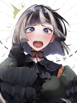 Rule 34 | 1girl, ^^^, alternate hair length, alternate hairstyle, ascot, black ascot, black choker, black gloves, black hair, blue eyes, blunt bangs, blunt tresses, blush, choker, commentary, cross-laced clothes, cross-laced dress, dotted line, dress, embarrassed, eyelashes, frilled sleeves, frills, furrowed brow, gem, gloves, gothic lolita, green dress, grey hair, highres, hololive, hololive dev is, juufuutei raden, juufuutei raden (1st costume), lace, lace choker, lolita fashion, looking at viewer, multicolored hair, open mouth, red gem, short hair, simple background, solo, streaked hair, tashime, two-tone hair, upper body, virtual youtuber, wavy mouth, white background, wide sleeves