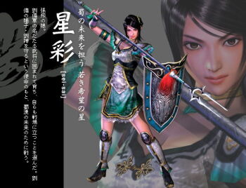 1girl 3d armor armored_boots black_hair blue_eyes boots breasts brown_eyes brown_hair choker cleavage contrapposto dress expressionless fighting_stance gauntlets green_dress hair_ornament holding holding_weapon knee_boots lance lips looking_at_viewer polearm shield shin_sangoku_musou spear staff standing swept_bangs weapon xingcai_(shin_sangoku_musou) zoom_layer
