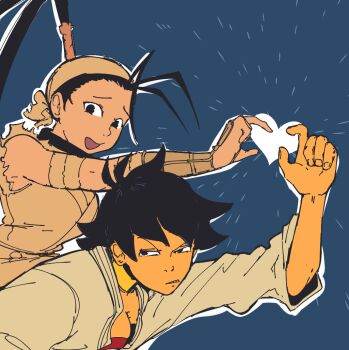 2girls antenna_hair bandana black_eyes black_hair blue_background choker commentary dark-skinned_female dark_skin dougi english_commentary heart heart_hands heart_hands_duo high_ponytail ibuki_(street_fighter) karate_gi long_hair looking_at_viewer makoto_(street_fighter) multiple_girls ninja open_mouth plow_(witch_parfait) ponytail red_sports_bra ribbon_choker short_hair simple_background sleeveless smile sports_bra street_fighter street_fighter_iii_(series) tomboy yellow_choker