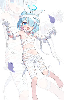 1girl absurdres arona_(blue_archive) bandages barefoot blue_archive blue_hair blue_halo blush bow bow_hairband claw_pose commentary_request dot_nose eyebrows_hidden_by_hair flat_chest foot_out_of_frame ghost hair_over_one_eye hairband halo hands_up highres inedibleparts long_bangs looking_at_viewer midriff naked_bandage navel one_eye_covered open_mouth parted_bangs petite short_hair smile solo v-shaped_eyebrows white_background white_bow white_hairband zoom_layer