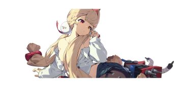 1girl alice_thymefield animal_ears artist_request blonde_hair braid breasts hair_ornament heterochromia highres large_breasts long_hair low_twintails mindscape_cinema_(zenless_zone_zero) official_art rabbit_ears rabbit_girl red_eyes red_hair shirt solo source_request sphere_hair_ornament twintails white_shirt yellow_eyes zenless_zone_zero