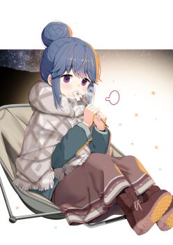 1girl blue_hair blue_jacket boots brown_boots brown_skirt chair eating food full_body hair_bun highres holding jacket long_skirt long_sleeves marshmallow night on_chair outdoors puff_of_air purple_eyes roasted_marshmallow shima_rin single_hair_bun sitting skirt sky solo star_(sky) starry_sky white_background yashiro_ryo yurucamp