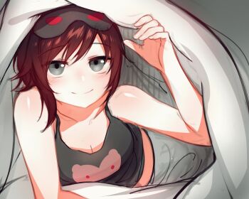 1girl black_hair blush breasts cleavage female_focus grey_eyes highres multicolored_hair ndgd on_bed pajamas pov_across_bed red_hair ruby_rose rwby short_hair sleepwear smile solo streaked_hair under_covers